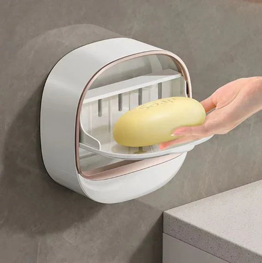 Wall Mounted Soap Holder with Lid and Tray(Comes with Free Self Adhesive Wall Hook)